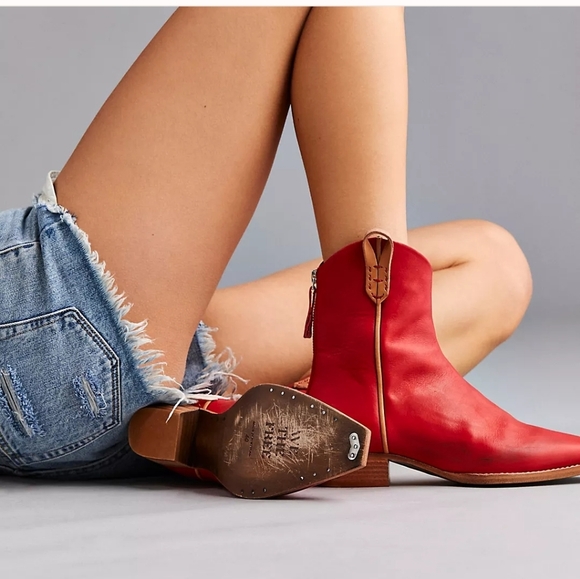 Free People Red Leather Ankle Boho Western Boots - Picture 2 of 12